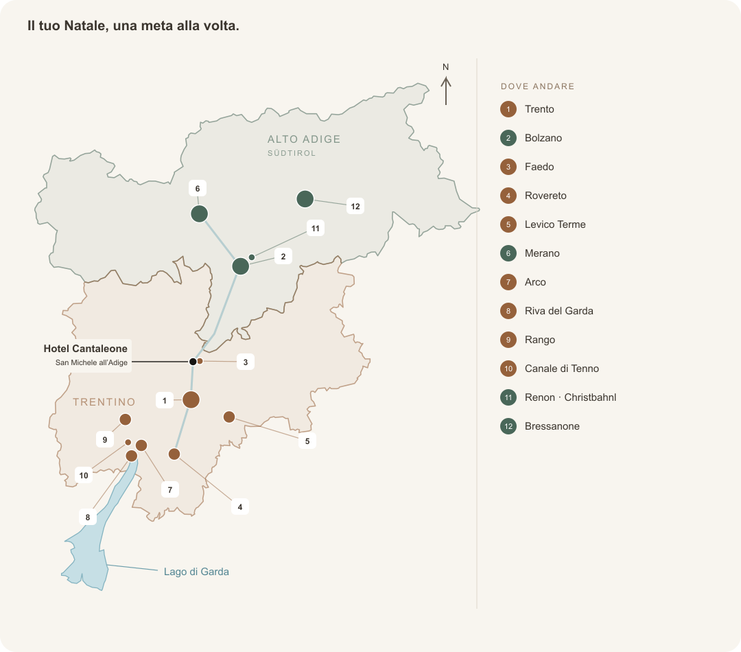 Mappa con i confini di Trentino e Alto Adige. Dodici mete numerate; Hotel Cantaleone indicato in nero a San Michele all’Adige. I numeri corrispondono alle prime dodici righe della tabella. Lago di Garda in azzurro a sud di Riva.